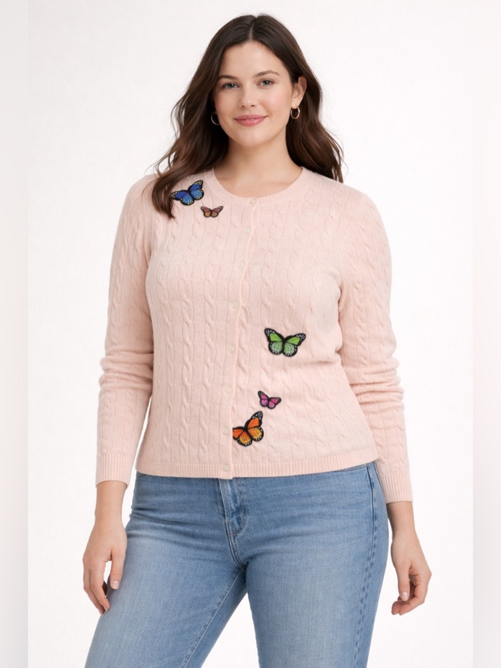 Saks Fifth Avenue Cashmere Cable Knit‎ Cardigan Butterfly Appliqué Blush Pink 1X